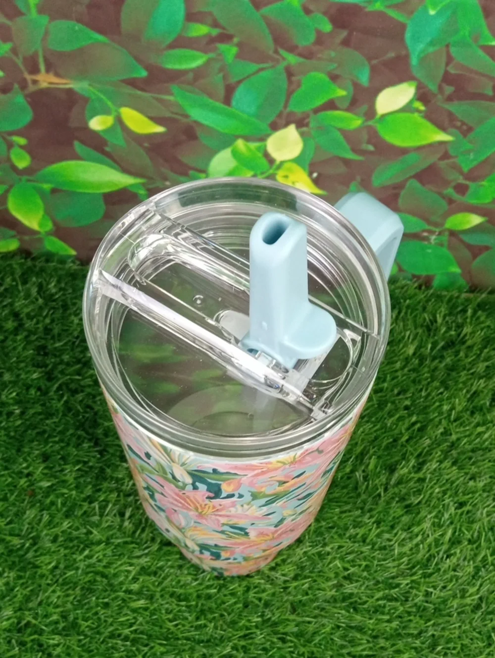 ⛱️🍒 Floral Insulated Travel Mug with Handle - Pink & Light Blue